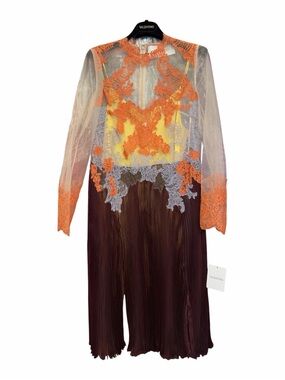 Valentino Yellow Bodice Orange Lace & Brown Pleated Midi Dress